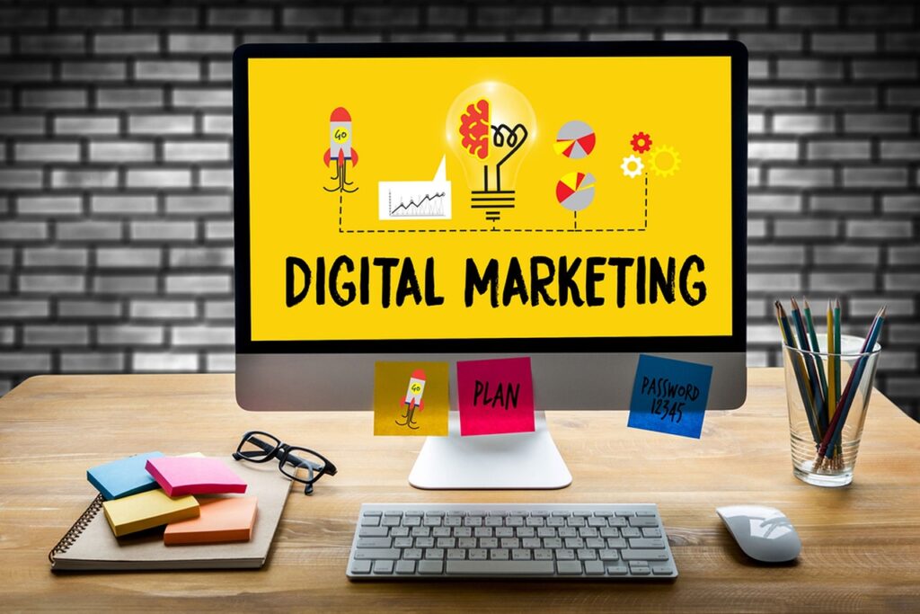 Desktop showing digital marketing graphics